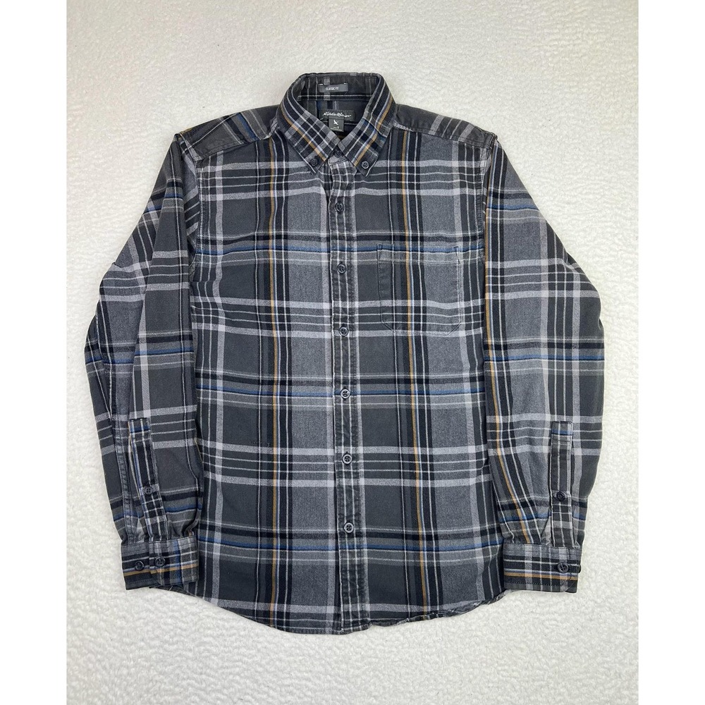 Eddie Bauer‎ Mens Small Gray Plaid Flannel Long Sleeve Button Up Shirt 13701758